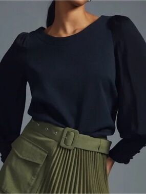 Anthropologie Black Puff-Sleeve Knit Sweater